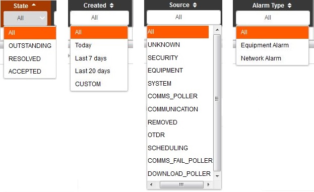 Alarms All drop down