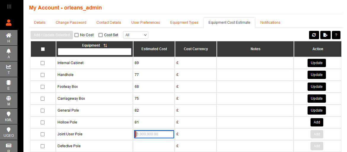 My Account Equipment Cost