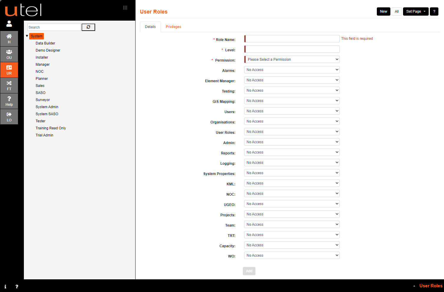 User Roles screen num